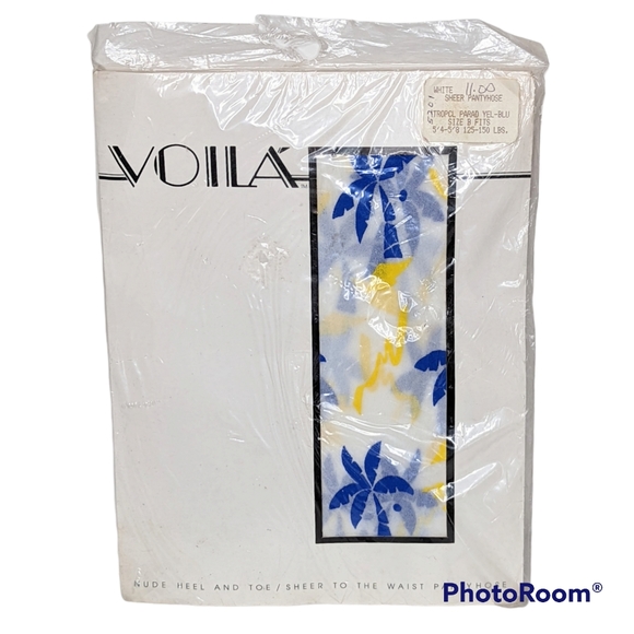 Vintage Viola Pantyhose Sz B Blue Palm Trees Yellow On White Opaque 1983 NOS - Picture 9 of 9